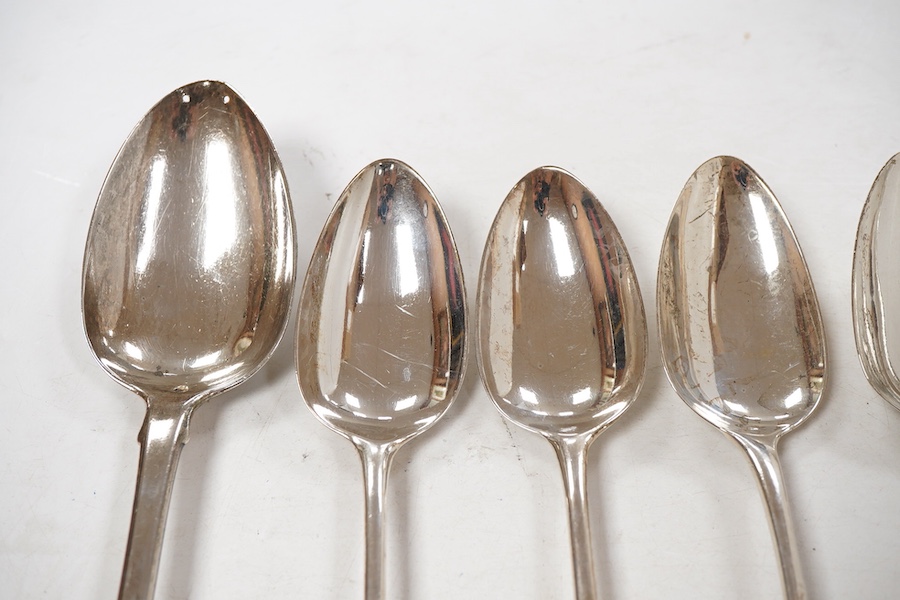 Two pairs of George III silver Old English pattern table spoons, Smith & Fearn, London, 1796 and Soloman Hougham, London, 1800, both approx. 22.2cm, together with a George III silver fiddle pattern basting spoon, Richard